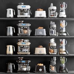 many different types of coffee makers on shelves