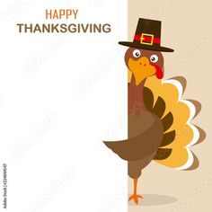 a thanksgiving turkey with a pilgrim hat on it's head peeking out from behind a blank