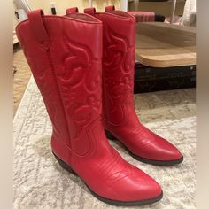 Never Worn And In Perfect Condition. Size Women's 6.5. Bought For $50 Casual Red Mid-calf Boots For Fall, Red Casual Mid-calf Boots With Round Toe, Western Style Red Mid-calf Boots For Fall, Red Boots For Spring, Red Western Style Mid-calf Boots, Red Cowgirl Boots, Cowgirl Boots, Shoes Heels Boots, Lady In Red