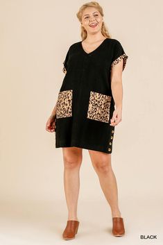 Black Dress With Pockets, How To Fold Sleeves, Black Short Sleeve Dress, Animal Print Dresses, Black Fits, V Neck Dress, Online Womens Clothing, Printed Shorts, Plus Size Dresses