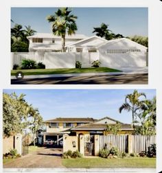 two pictures of houses with palm trees in the background