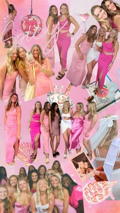 the collage shows many different women in pink dresses