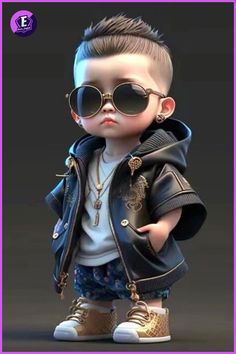 a little boy wearing sunglasses and a leather jacket is standing in front of a black background