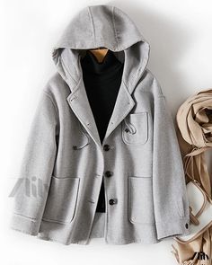 Zlily - Double-sided Woolen Overcoat with Fleece Lining and Hooded Casual Design Gray Winter Hooded Jacket With Double-lined Hood, Gray Double-lined Hooded Outerwear For Spring, Gray Hooded Jacket With Fleece Lining For Winter, Wool Coat With Pockets For Cold Weather, Cold Weather Wool Coat With Pockets, Gray Winter Hoodie Jacket, Gray Hooded Winter Outerwear, Gray Hooded Jacket For Winter, Spring Long Coat With Detachable Hood