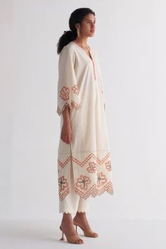 Buy Ivory Pure Cotton Embroidered Woven Colossal Sleeve Kurta And Pant Set For Women by Shivani Bhargava Online at Aza Fashions. Pant Set For Women, Floral Abstract, Fashion App, Woven Dress, Cut Work, Pant Set, Color Ivory, Set For Women, Flared Sleeves