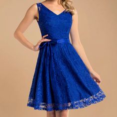 Lace Party Dress With Zipper V-Neck Satin Ribbon For The Waist 29 Inches Armpit To Armpit 16 Inches Waist Royal Blue Bridesmaid Dress For Spring, Blue Cocktail V-neck Dress, Spring Blue V-neck Party Dress, Blue V-neck Mini Dress For Bridesmaids, Blue Lace V-neck Dress, Blue V-neck Lace Dress, Blue V-neck Dress For Wedding Guest, Black Sleeveless Midi Dress, Lace Party Dress