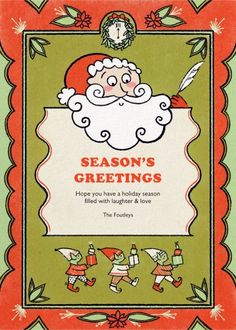 a book cover for season's greetings with santa claus and elves on it