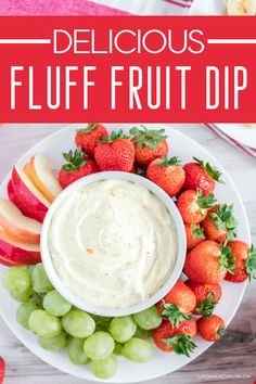 a white plate topped with fruit and dip