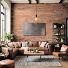 a living room with brick walls and leather furniture