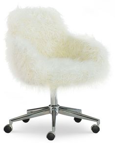 an office chair with wheels and a white fur seat cover on the back of it