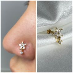 two different views of a nose with an earring in the middle and on the left