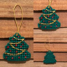 two small christmas trees made out of beads and gold trimmings on wooden boards