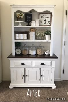 an old china cabinet is transformed into a kitchen hutch with white paint and wood top