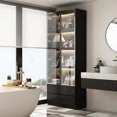 a bath room with a tub a sink and a mirror on the wall next to a window