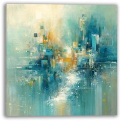 an abstract painting with blue, yellow and white colors on the wall above it is a cityscape