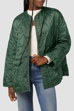 Oversized Quilted Jacket Oversized Quilted Nylon Outerwear, Fall Nylon Outerwear With Button Closure, Spring Nylon Outerwear With Button Closure, Green Quilted Jacket For Cold Weather With Pockets, Green Quilted Jacket With Pockets For Cold Weather, Outdoor Nylon Outerwear With Button Closure, Nylon Outerwear With Button Closure For Outdoor, Quilted Button-up Outerwear For Winter, Quilted Button-up Fall Outerwear