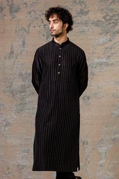 Shop for Devnaagri- Men Black Chanderi Kurta Set for Men Online at Aza Fashions Black Handloom Traditional Wear For Eid, Black Cotton Silk Long Sleeve Kurta, Black Long Sleeve Cotton Silk Kurta, Transitional Season Black Straight Kurta, Transitional Black Straight Kurta, Black Cotton Silk Kurta For Eid, Black Cotton Silk Salwar Kameez For Eid, Black Cotton Silk Kurta For Festive Occasions, Festive Black Cotton Silk Kurta