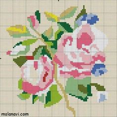 a cross stitch pattern with pink roses on the front and blue flowers on the back