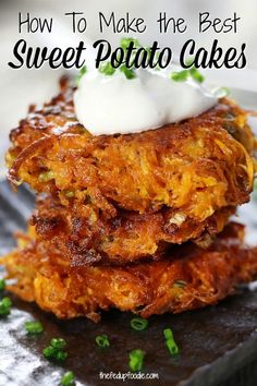 the best sweet potato cakes are stacked on top of each other and topped with sour cream