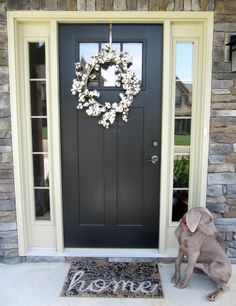 a dog sitting in front of a black door with a welcome mat on the ground