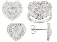 Bella Luce ® white diamond simulant 4.26ctw rhodium plated sterling silver heart earrings, necklace and ring. Earrings measures approximately 1/2"L x 1/2"W and have tension post backings. Pendant measures approximately 3/4"L x     13/16"W and has a 2.5mm bail. Also includes an 18 cable chain with a spring ring closure. Ring measures approximately 5/8"L x 1/16"W and is not sizeable. Cubic Zirconia Jewelry Sets For Anniversary, Dazzling White Gold Jewelry Sets For Anniversary, Anniversary White Gold Jewelry Set With Diamond Cut, Diamond Jewelry Sets For Anniversary, Anniversary White Gold Diamond Cut Jewelry Sets, Mother's Day Anniversary Cubic Zirconia Jewelry Sets, Dazzling Sterling Silver Jewelry Sets For Anniversary, Sterling Silver Jewelry Sets With Diamond Cut In White, White Sterling Silver Jewelry Sets With Diamond Cut