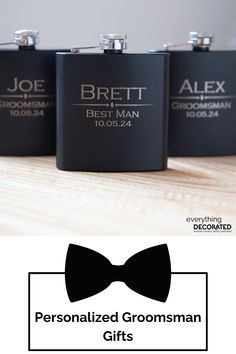 three personalized groomsmen flasks with a bow tie on them