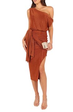 Petal & Pup Santiago Metallic Side Tie One-Shoulder Midi Dress | Nordstrom Best Dresses For Short Women, Gold Glitter Dress, Statement Cuff Bracelet, Petal And Pup, Fall Wardrobe Essentials, One Shoulder Midi Dress, 2024 Wedding, Inspo Board, Glitter Dress