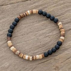 Onyx and Coconut Shell Beaded Stretch Bracelet - Earthen Force | NOVICA Mens Bracelet Set, Silver Ankle Bracelet, Surfer Bracelets, Bracelets Design, Hematite Bracelet, Beads Bracelet Design, Bracelet Mens, Unisex Bracelets, Beaded Bracelets Diy