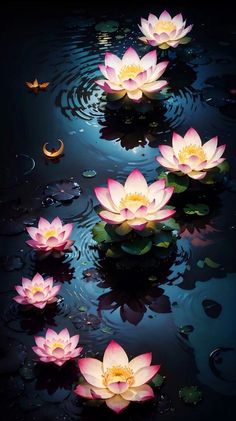 pink water lilies floating on top of a body of water