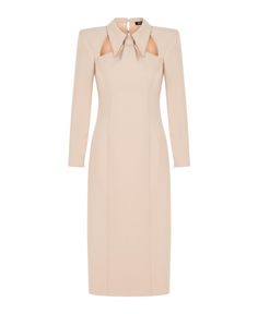 in stock Elegant Fitted Neutral Midi Dress, Elegant Neutral Midi Dress For Evening, Neutral Fitted Midi Dress For Evening, Spring Formal Neutral Dresses, Neutral Midi Length Evening Dress, Chic Beige Midi Dress For Dinner, Feminine Beige Sheath Midi Dress, Elegant Neutral Midi Dress For Party, Fitted Neutral Midi Dress For Formal Occasions