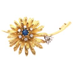 14 Karat Yellow Gold Brooch Pin Center Sapphire and Surrounding Diamonds 0.50 total diamond weight. 19.54 grams total weight. Cowgirl Bling, Silver Turquoise Jewelry, Gold Brooch, Felt Brooch, Gold Brooches, Turquoise Rings, Native American Jewelry, Vintage Watches, Indian Jewelry