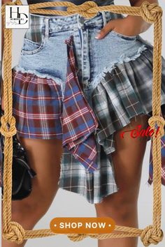 Light Blue Casual Street Plaid Color Block Flounce Mid Waist Boot Cut Denim Shorts Ladies Denim, Jogger Pants Casual, Denim Decor, Pockets Fashion, Mode Jeans, Patchwork Denim, Upcycle Jeans, Denim Patchwork, Summer Party Dress