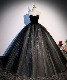 Black tulle long A-line ball gown formal gown · Little Cute · Online Store Powered by Storenvy 2023 Ball Gown, Black Sequin Prom Dress, Quinceanera Dresses Black, Corset Ball Gowns, Sweetheart Homecoming Dress, Gown Plus Size, Sweetheart Prom Dress, Fairytale Dress, Black Tulle