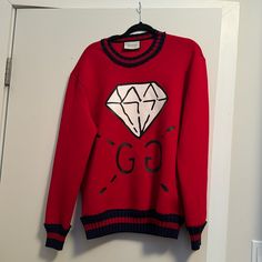 Gucci Sweatshirt - Never Worn. Unisex. Thick Material. Extra Large. Looks Great With Leggings! Gucci Luxury Tops For Winter, Luxury Gucci Winter Top, Luxury Gucci Tops For Winter, Casual Red Gucci Tops, Luxury Gucci Tops For Fall, Designer Red Long Sleeve Tops, Designer Red Tops For Fall, Designer Long Sleeve Red Top, Designer Red Crew Neck Top