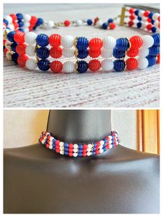 Simple hook closure Plastic Textured beads Blue Choker Necklace, Vintage Metal Trays, Totally 80s, Plastic Texture, Vintage Patriotic, Blue Choker, Choker Necklaces, Multi Strand, Red White Blue