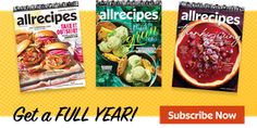 three magazine covers with the words, allrecipes get a full year on them