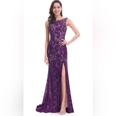 This Design Features A Thigh High Slit, Open Back, And Fitted Silhouette That Hugs Your Curves. This Dress Is Fully Lined And Slightly Stretchy. This Dress Is Not Padded. A Concealed Zipper Up The Back Secures The Dress In Place. On Most Women This Dress With Be Floor Length. Material: Lace Dresses Dark Purple, Purple Floor, Bridesmaid Dresses 2018, Short Maxi Dress, Formal Dresses With Sleeves, Ever Pretty, Maxi Dress Prom, Rust Dress, Maxi Dress Evening