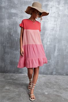 Orange & Pink Color Block Ruffle-Accent Shift Mini Dress Women Sweet Beach Dresses Elegant Backless Dress, Orange Summer Dress, Orange Pink Color, Shift Mini Dress, Elegant Midi Dresses, Vestidos Vintage, Midi Dress Summer, Guest Dress, Daily Dress