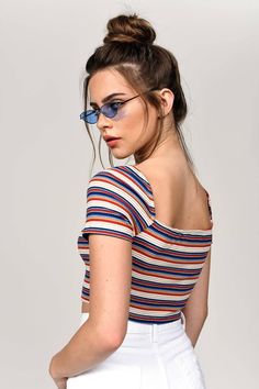 Retro Vibes All The Time In The Pretty Illusion Multi Stripe Crop Top. This Tight Crop Top Features A Square Neckline, Short Cap Sleeves, And Colorful Stripe Print. This Ribbed Shirt Will Look Killer With Mom Jeans And A Scrunchie. Trendy Multicolor Crop Top, 90s Inspired Spring Crop Top, Multicolor Ribbed Tops For Summer, Retro Ribbed Tops For Summer, Retro Ribbed Summer Top, 90s Inspired Fitted Crop Top For Spring, Trendy Ribbed Crop Top For Summer, Fitted Striped Ribbed Crop Top, Fitted 90s Inspired Summer Crop Top