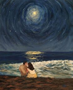 a painting of two people sitting on the beach under a night sky with stars and moon