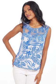 This textured sleeveless top boasts both cute and edgy details. Lightweight and easy breezy, the sleeveless top with the blue palm print brings in a pop of color for this season to wear. Sleeveless top Back keyhole closure Made in Los Angeles, USA Blue Lace Top, Los Angeles Usa, Palm Print, Easy Breezy, Jacket Brands, Fashion House, New Tops, Fashion Bloggers, Dress Details