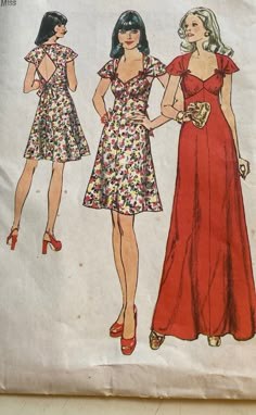 two women's dresses, one in red and the other in white with floral print