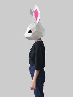 a person with a paper mask on their head and the face of a rabbit is shown