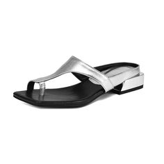 LBSFY - Women's New Spring/Summer Square Head Casual and Comfortable Mid Heel Large Open Toe Beach Slippers Trendy Silver Sandals For The Beach, Black Flip Flops For Summer Vacation, Black Sandals For Summer Day Out, Black Party Flip Flops For Summer, Silver Sandals For Spring Vacation, Silver Sandals For Vacation In Spring, Silver Sandals For Summer Beach Occasion, Trendy Summer Flip Flops For Day Out, Silver Flip Flops For Spring Beach Outings