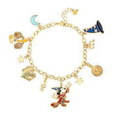 Disney Womens Mickey Mouse Fantasia Charm Bracelet Disney World Accessories, Themed Gold Charm Bracelet, Gold Themed Charm Bracelet, Whimsical Gold Charm Bracelet, Gold Themed Adjustable Charm Bracelet, Adjustable Gold Themed Charm Bracelet, Disney Gifts For Adults, Disney Christmas Gifts