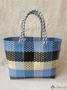 Bird in Bag - Blue and Black Plaid Woven Shoulder Bag - Stylish and Functional for Shopping, Travel, and More. Everyday Woven Blue Bags, Everyday Blue Woven Bag, Blue Rectangular Bag For Vacation, Blue Rectangular Bags For Vacation, Blue Square Bag For Beach, Blue Rectangular Vacation Bag, Blue Square Vacation Bag, Blue Square Beach Bag, Square Blue Vacation Bag