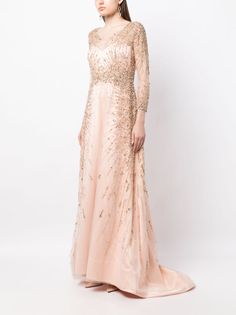 Saiid Kobeisy Canton Crepe Beaded Dress - Farfetch Elegant Embellished Long Sleeve Mother Of The Bride Dress, Glamorous Embellished Long Sleeve Mother Of The Bride Dress, Luxury Long Sleeve Silk Gown, Long Sleeve Embellished Cocktail Gown, Embellished Long Sleeve Cocktail Gown, Long Sleeve Hand Embellished Wedding Dress, Luxury Embellished Pink Evening Dress, Embellished Long Sleeve Mother Of The Bride Evening Dress, Luxury Pink Embellished Evening Dress