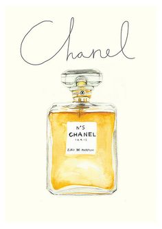 a drawing of a chanel bottle with the word's name written in cursive writing