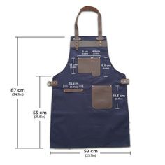 an apron is shown with measurements for the front and back pockets, which are also in blue