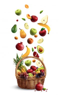 a basket filled with lots of different types of fruit flying out of it's side